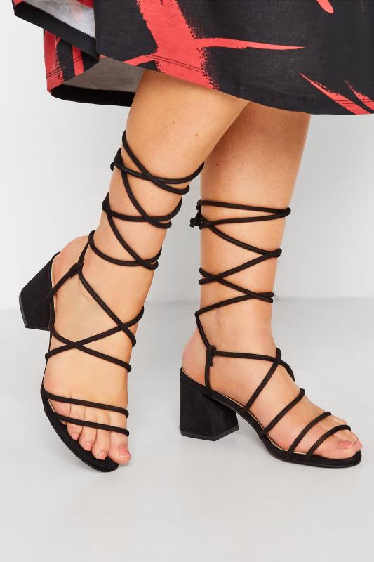 LIMITED COLLECTION Black Lace Up Block Heels In Extra Wide EEE Fit 1