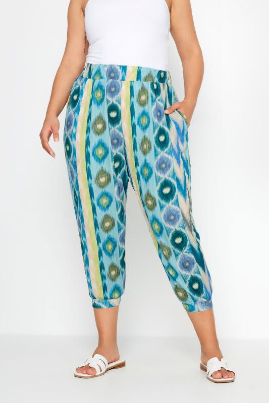 YOURS Plus Size Blue Abstract Print Textured Cropped Harem Trousers | Yours Clothing 1