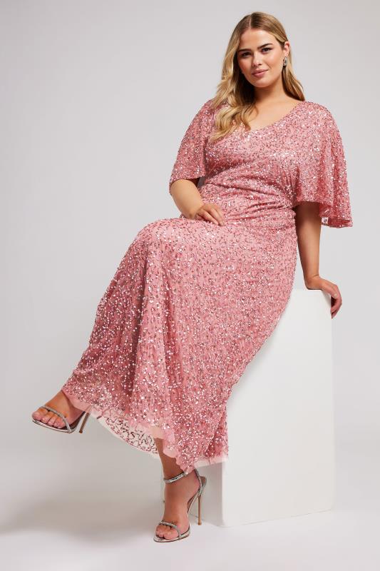 LUXE Plus Size Pink Hand Embellished Angel Sleeve Maxi Dress | Yours Clothing 3