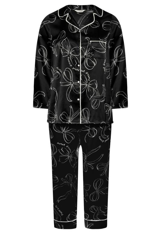 Curve Black & White Bow Print Satin Pyjama Set | Yours Clothing 4