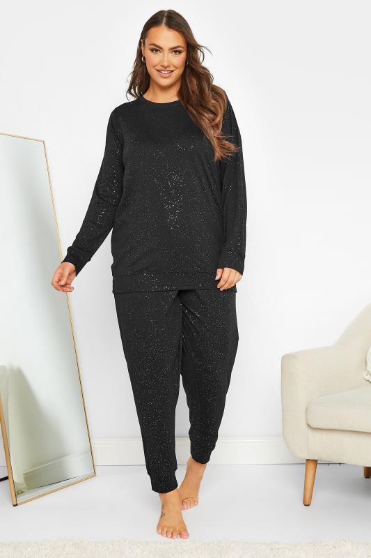 Black Glitter Soft Touch Lounge Set | Yours Clothing 2