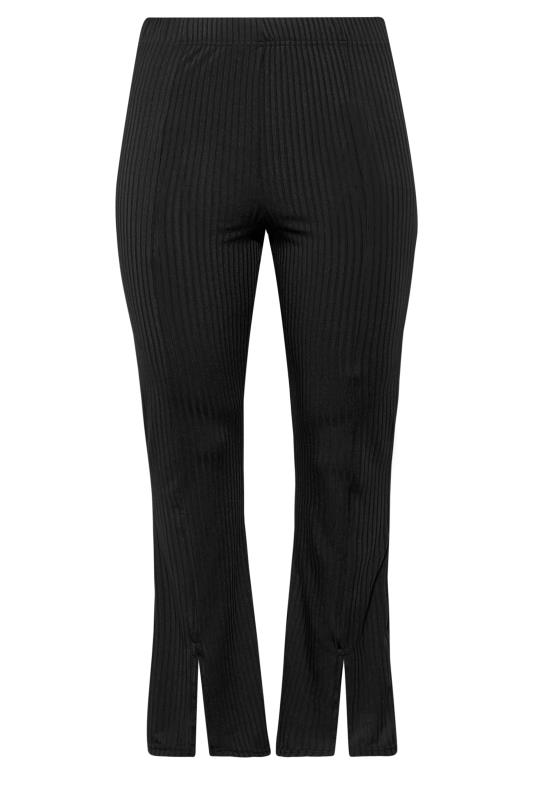 Plus Size Black Ribbed Split Front Flared Trousers | Yours Clothing 5