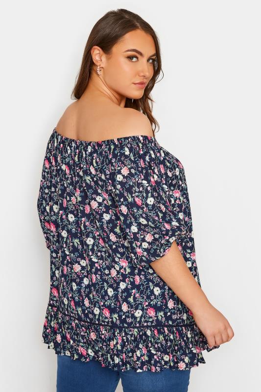 Plus Size Navy Blue Floral Print Bardot Top | Yours Clothing 3