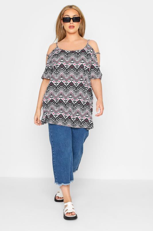 Plus Size Black Aztec Strappy Cold Shoulder Top | Yours Clothing 2