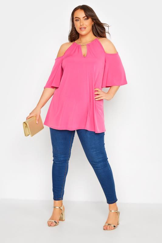 YOURS LONDON Plus Size Hot Pink Chain Neckline Cold Shoulder Top | Yours Clothing 2