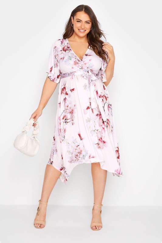 Plus Size  YOURS LONDON Curve Pink Floral Hanky Hem Dress