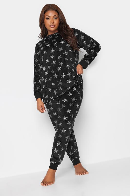 YOURS Plus Size Black Animal Print Star Velour Lounge Set | Yours Clothing 2