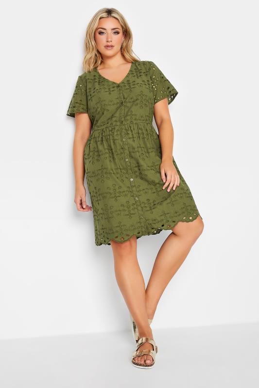 Plus Size  YOURS PETITE Curve Khaki Green Broderie Anglaise Smock Dress