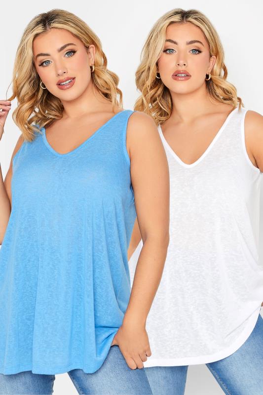 YOURS 2 PACK Plus Size White & Blue Linen Look Vest Tops | Yours Clothing 1