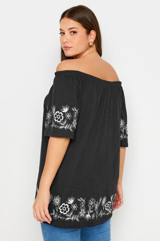 YOURS Plus Size Black Embroidered Detail Bardot Top | Yours Clothing 3