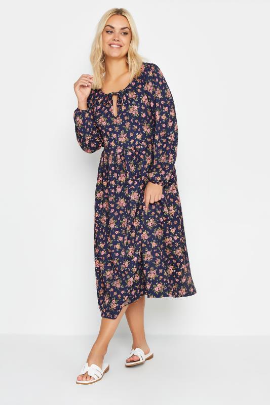 YOURS Plus Size Navy Blue Floral Print Textured Midaxi Dress | Yours Clothing 2