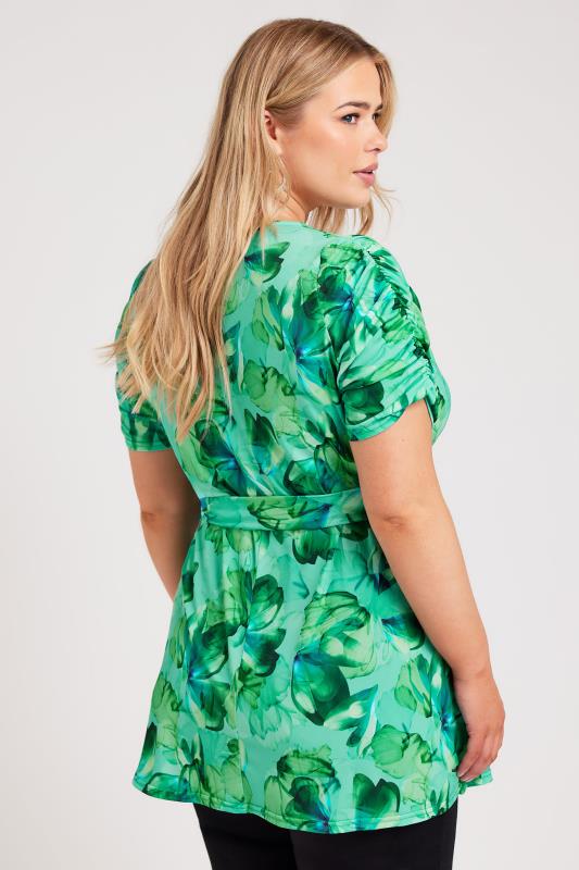 YOURS LONDON Plus Size Green Floral Print Wrap Top | Yours Clothing 2