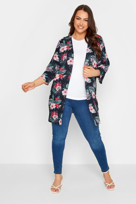 YOURS Plus Size Navy Blue Tropical Crochet Back Kimono | Yours Clothing 3