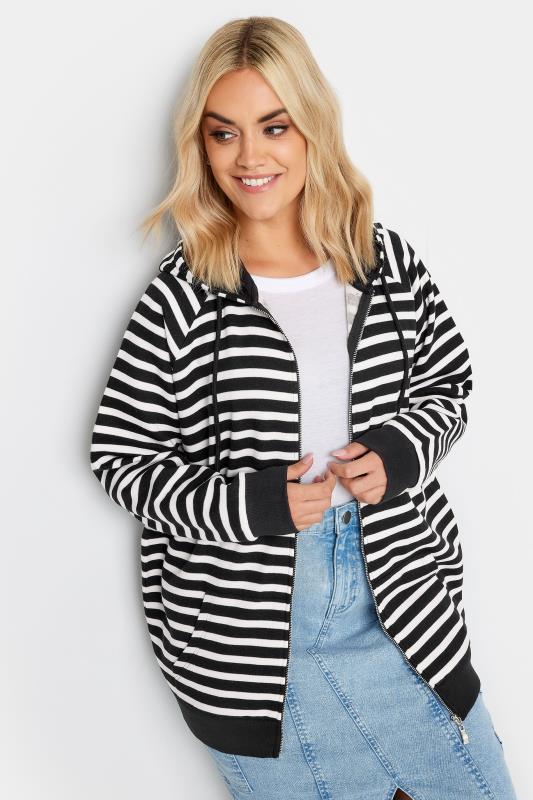 Plus Size  YOURS Curve Black & White Striped Zip Through Hoodie