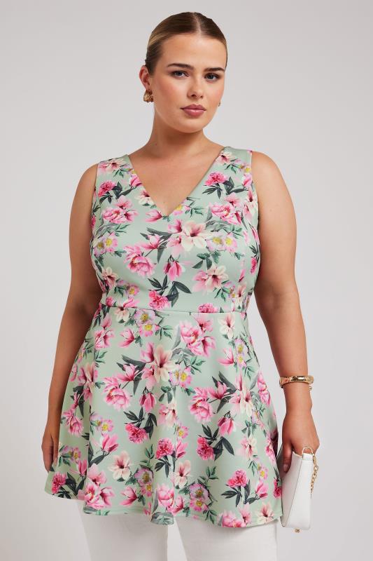 Plus Size  YOURS LONDON Curve Green Floral Print Peplum Top