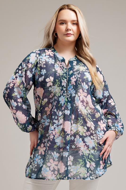YOURS LONDON Plus Size Navy Blue Floral Print Zip Blouse | Yours Clothing 1