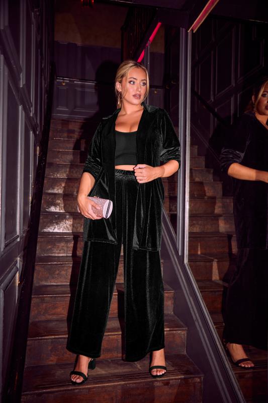  Grande Taille YOURS Curve Black Velvet Stretch Wide Leg Trousers