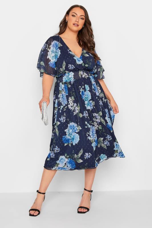 YOURS LONDON Plus Size Blue Floral Angel Sleeve Wrap Dress | Yours Clothing  2