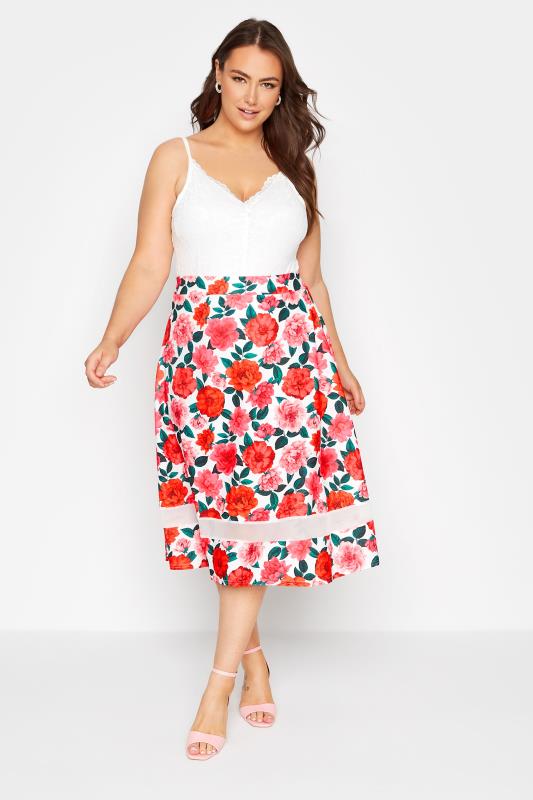 YOURS LONDON Plus Size White Rose Print Mesh Panel Skater Skirt | Yours Clothing  2