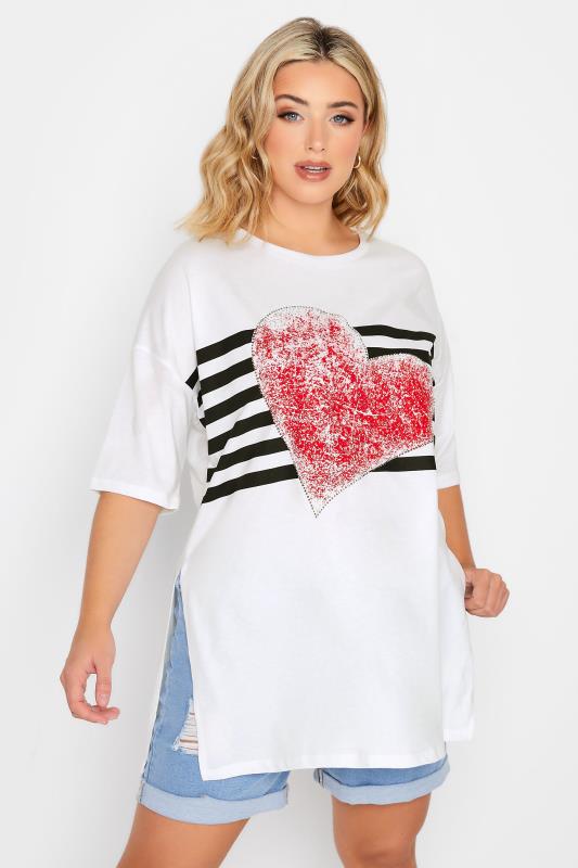 YOURS Plus Size Curve White Heart Print T-Shirt | Yours Clothing  1