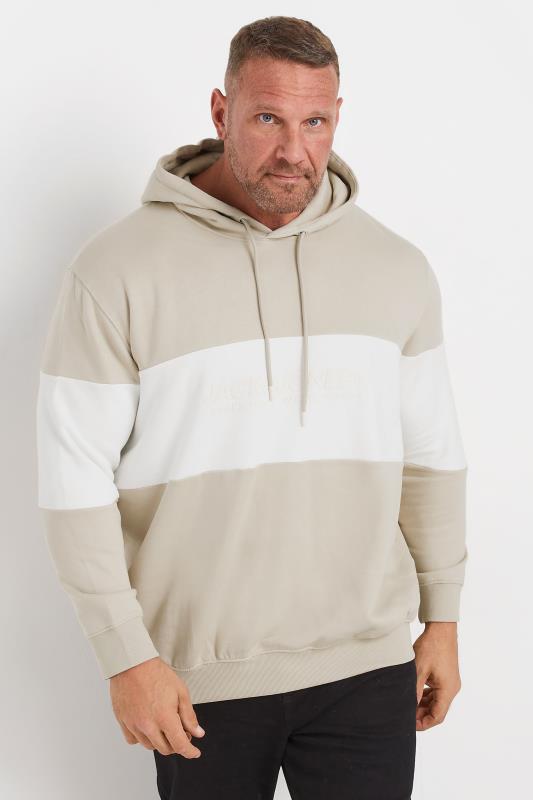 Men's  JACK & JONES Big & Tall Stone Brown & White Colourblock Logo Hoodie