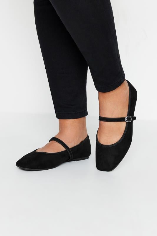  Grande Taille Black Faux Suede Mary Jane Ballerina Pumps In Extra Wide EEE Fit