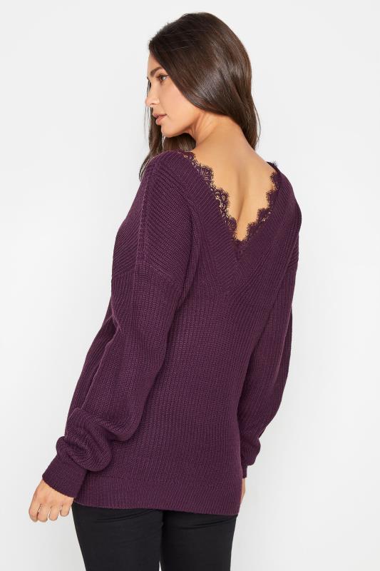 LTS Tall Plum Purple Lace Trim V-Neck Knitted Jumper 3