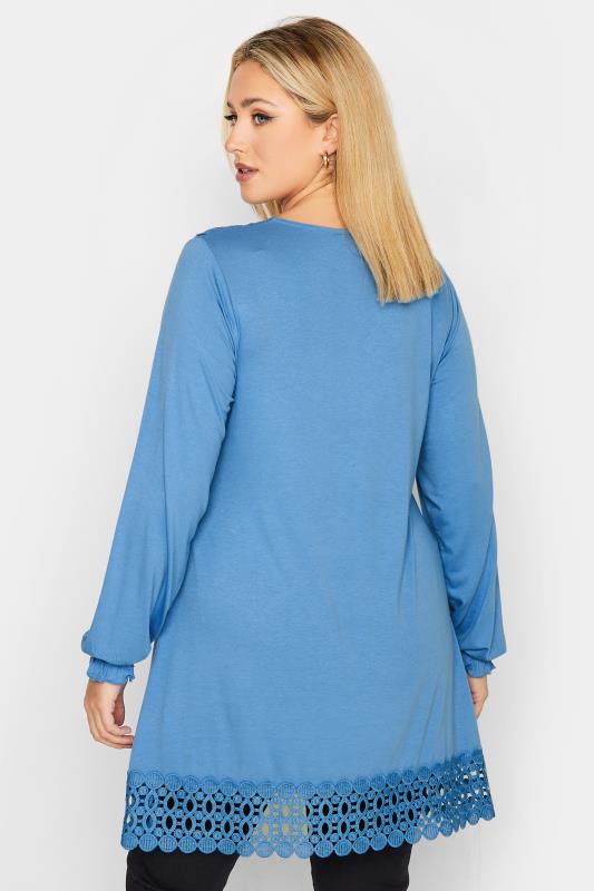 YOURS Plus Size Curve Blue Crochet Long Sleeve Tunic Top | Yours Clothing 5