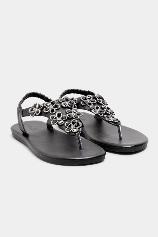 Plus Size Black Diamante Flower Sandals In Wide E Fit & Extra Wide EEE Fit | Yours Clothing 2