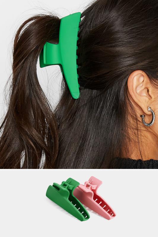 2 PACK Green & Pink Hair Claw Clips | Yours Clothing 1