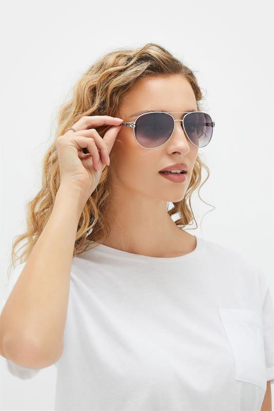 Silver Aviator Frame Sunglasses | Yours Clothing 1