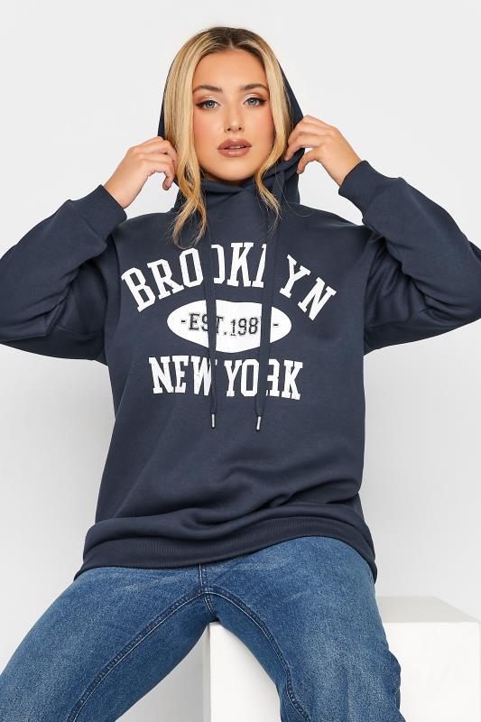 Plus Size Navy Blue 'Brooklyn New York' Slogan Hoodie