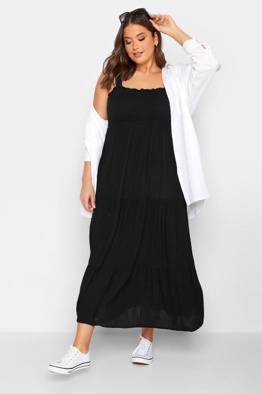 YOURS Curve Plus Size Black Shirred Strappy Midi Dress | Yours Clothing  2