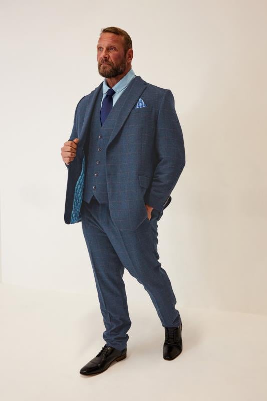 BadRhino Big & Tall Blue Tweed Check Suit Trousers | BadRhino 1