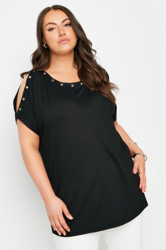 YOURS Plus Size Black Eyelet Detail Cold Shoulder Top | Yours Clothing 1