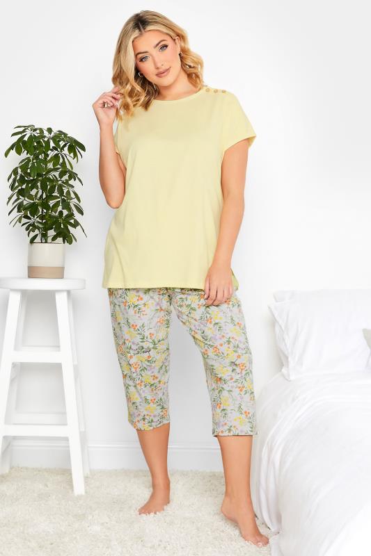 YOURS Plus Size Yellow Floral Print Cropped Pyjama Set | Yours Clothing 1