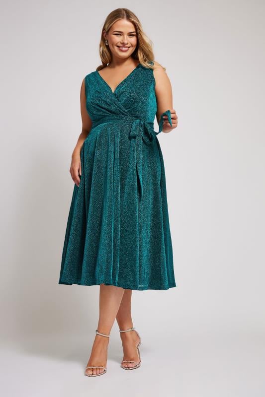 YOURS LONDON Plus Size Green Metallic Wrap Skater Dress | Yours Clothing 2