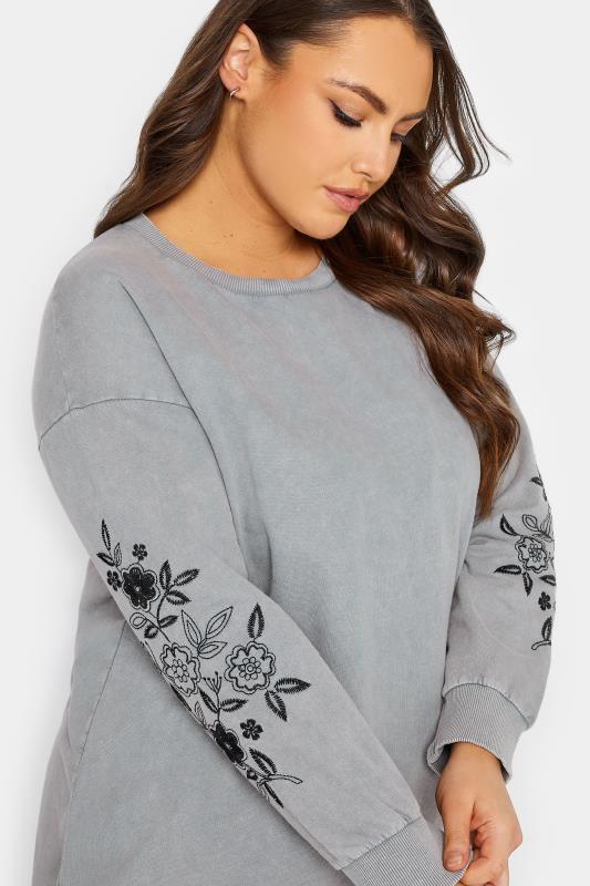 Plus Size Grey Embroidered Floral Print Sleeve Sweatshirt | Yours Clothing 4