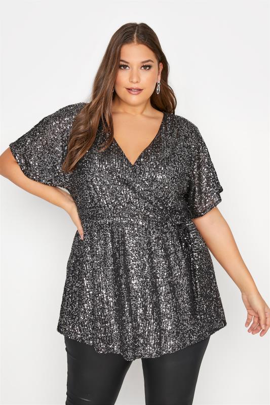  Grande Taille YOURS LONDON Silver Sequin Embellished Wrap Top