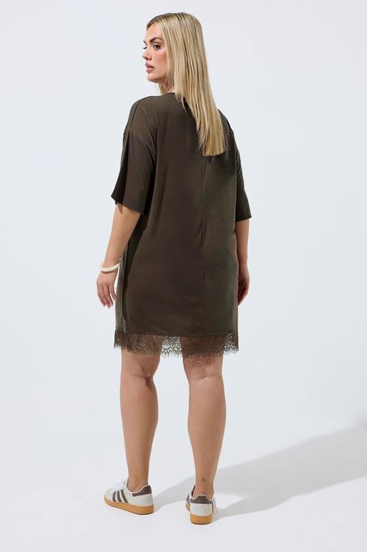 LIMITED COLLECTION Plus Size Brown Lace Trim Mini Dress | Yours Clothing 2