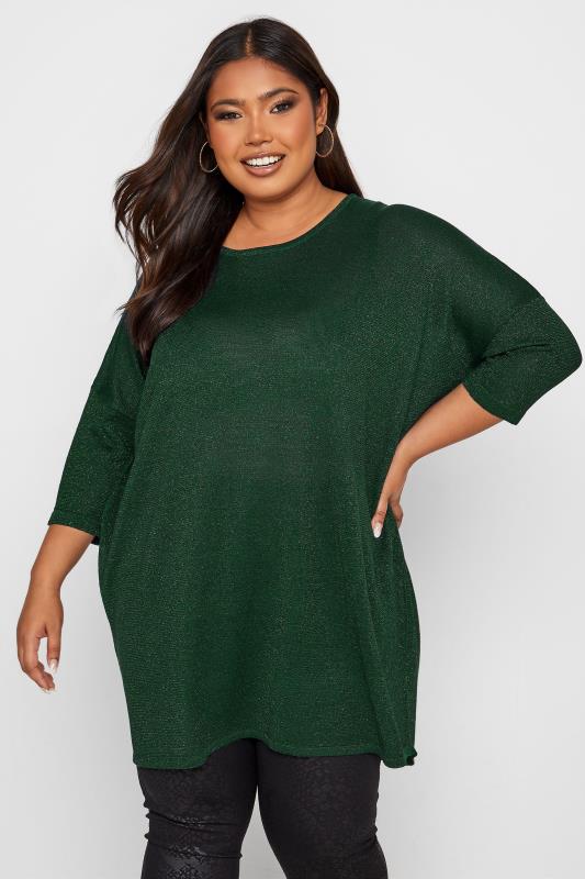 Curve Green Glitter Drop Shoulder Knitted Top 1