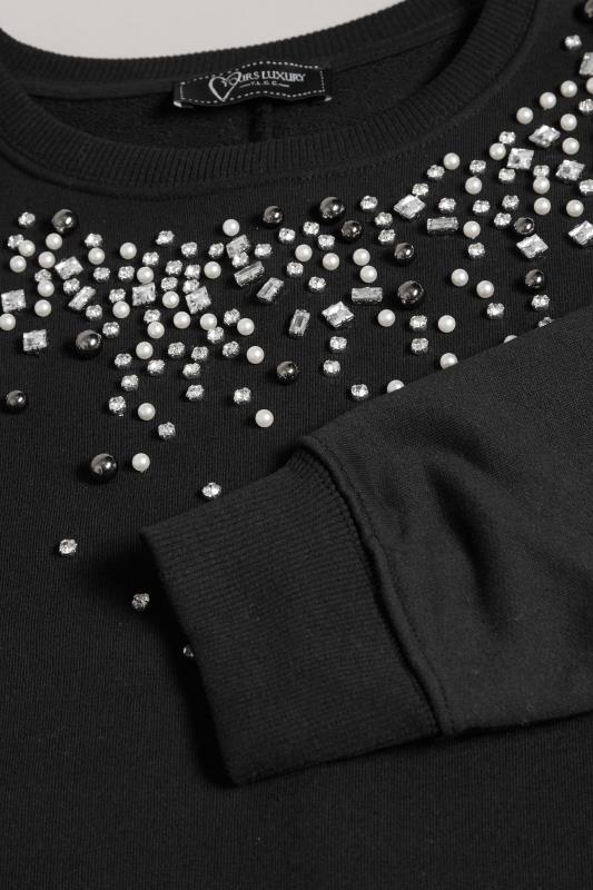 YOURS LUXURY Curve Black Diamante & Pearl Embellished Soft Touch Sweatshirt | Yours Clothing 5