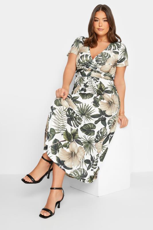YOURS Curve Plus Size White Tropical Leaf Print Wrap Dress | Yours Clothing  2