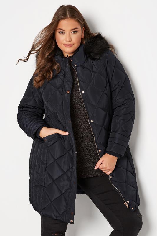 Curve Navy Blue Diamond Quilted Midi Puffer Coat | Yours Clothing 2