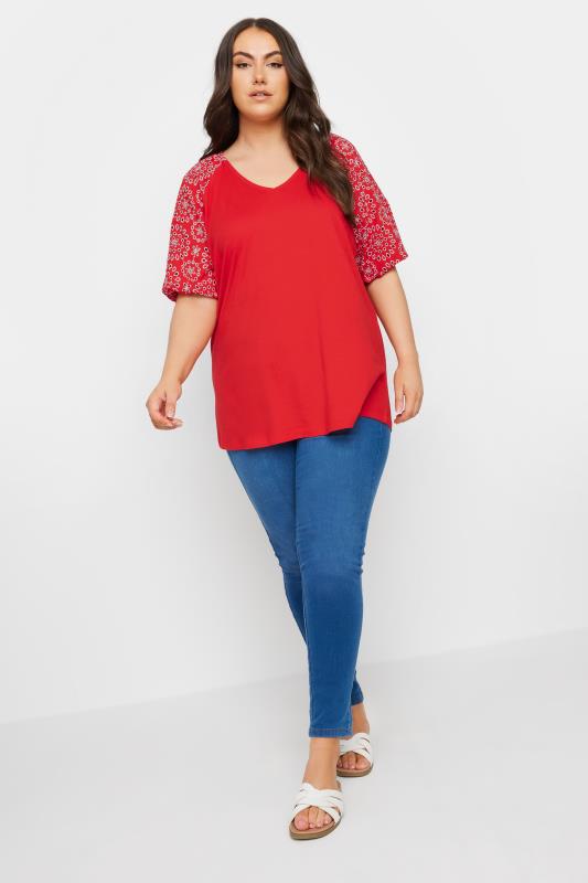 YOURS Plus Size Red Broderie Anglaise Sleeve T-Shirt | Yours Clothing 2