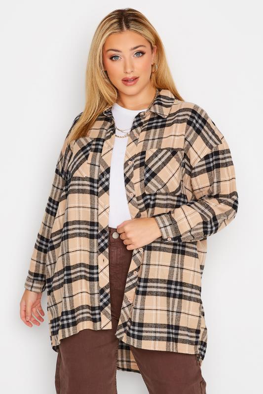 Plus Size Beige Brown Check Brushed Boyfriend Shirt | Yours Clothing 1