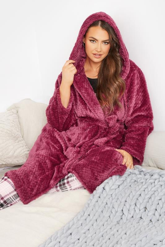 Plus Size Dark Pink Waffle Fleece Hooded Dressing Gown | Yours Clothing 5