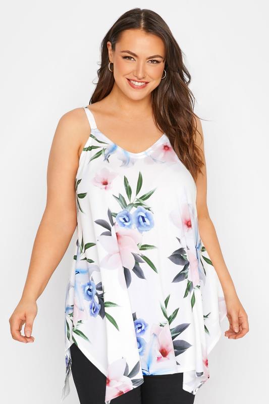 YOURS LONDON Curve White Floral Print Hanky Hem Cami Top_A.jpg