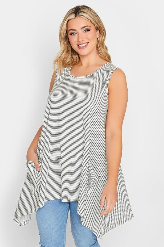 YOURS Curve Plus Size White Stripe Print Hanky Hem Vest Top | Yours Clothing  1