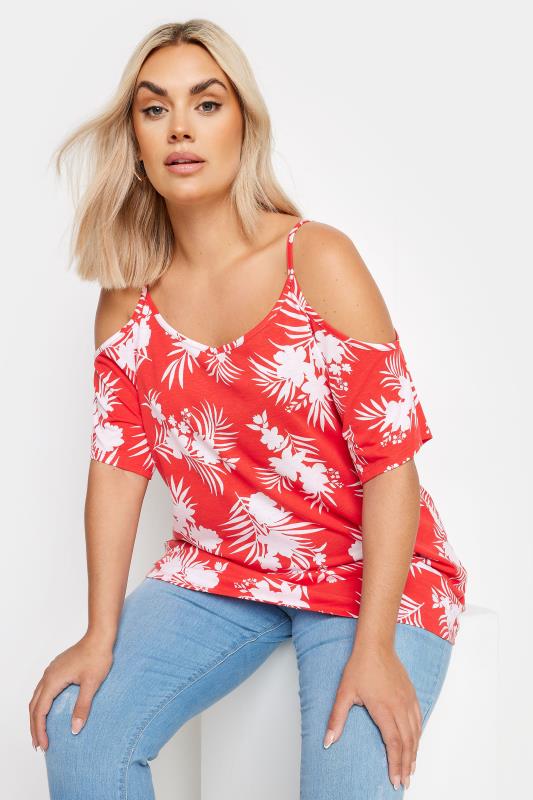 YOURS Plus Size Red Tropical Print Cold Shoulder Top | Yours Clothing 1